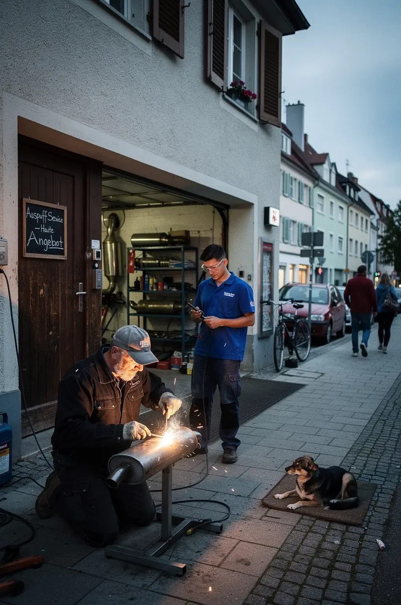 Detaillierte Nahaufnahme eines reparierten Schalldämpfers in einer deutschen Kfz-Werkstatt.